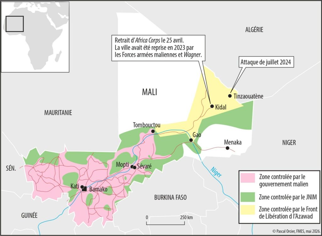 carte illustrant l'offensive djihadiste et rebelle au Mali en 2026