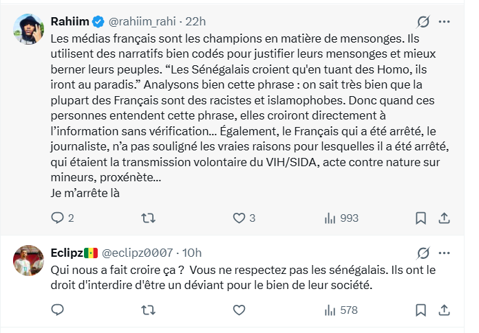 Capture d'écran des réactions sur les réseaux sociaux au Sénégal