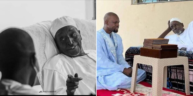 Ousmane Sonko serre la main de Serigne Cheikh Saliou Mbacké lors d'un événement public