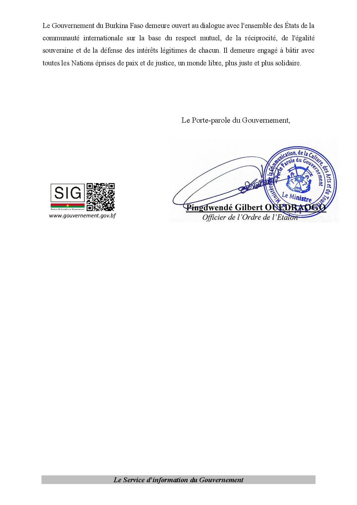 COMMUNIQUE OFFICIEL : RUPTURE DES LIENS DIPLOMATIQUES AVEC LA FRANCE