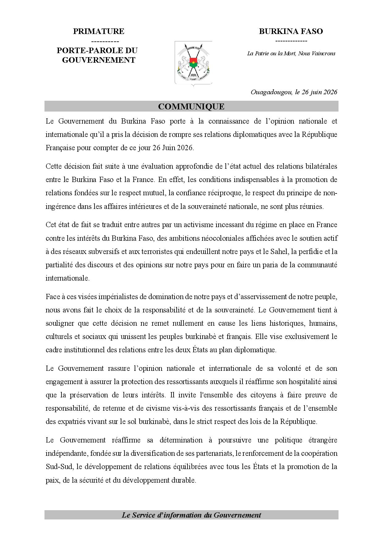 COMMUNIQUE OFFICIEL : RUPTURE DES LIENS DIPLOMATIQUES AVEC LA FRANCE