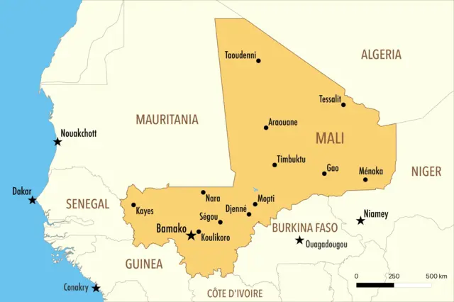 Carte du Mali mettant en évidence les villes clés du nord : Gao, Tombouctou, Kidal et Ménaka