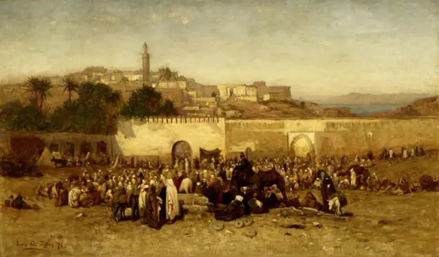 Scène du marché de Tanger au XIXe siècle, illustrant les échanges commerciaux entre le Maroc et les États-Unis.